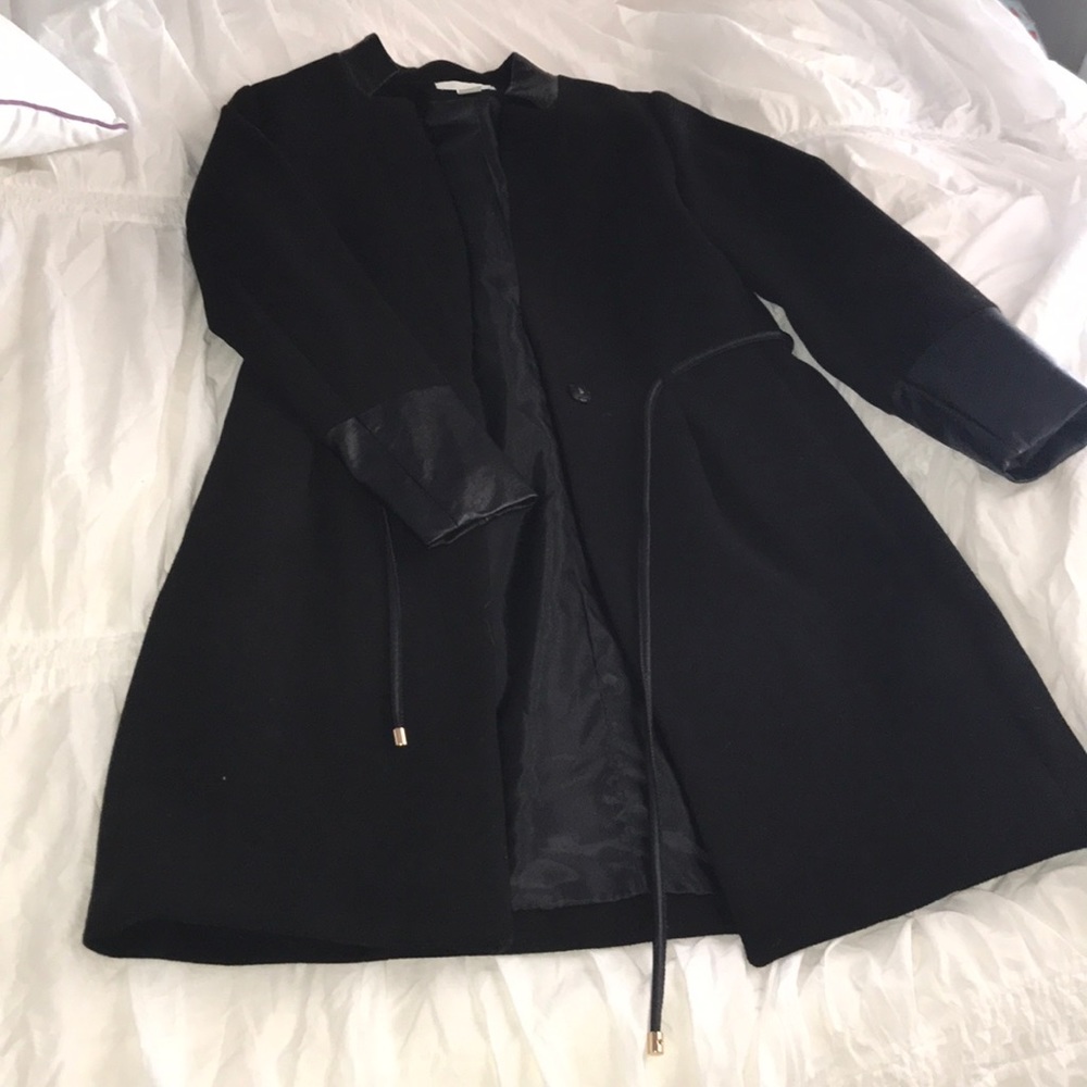 Long black with leather sleeves pea coat